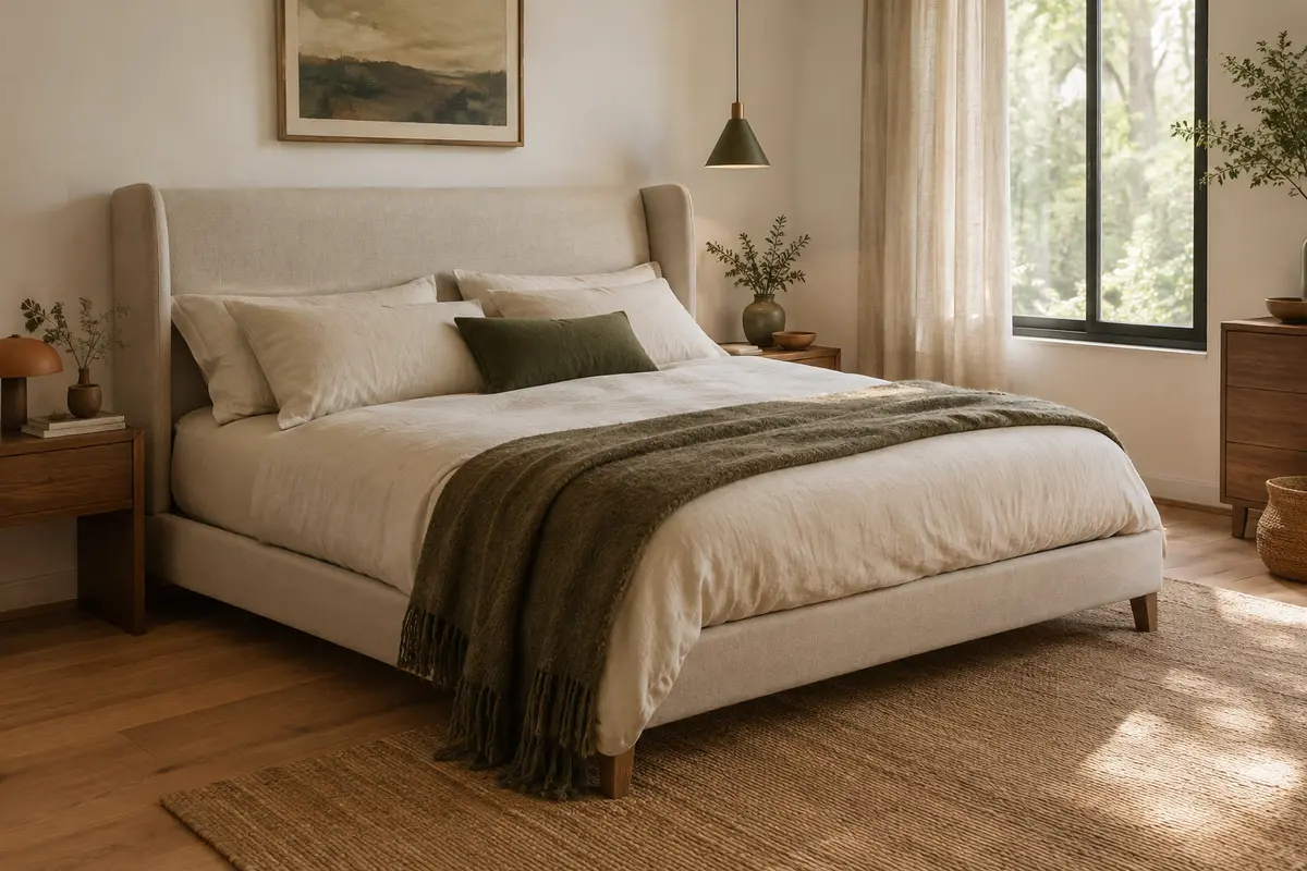 Lit double beige Yaheetech avec tête de lit capitonnée à oreilles et cadre à lattes dans une chambre claire.
