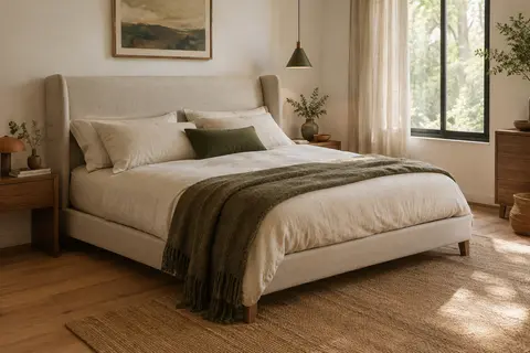 Lit double beige Yaheetech avec tête de lit capitonnée à oreilles et cadre à lattes dans une chambre claire.