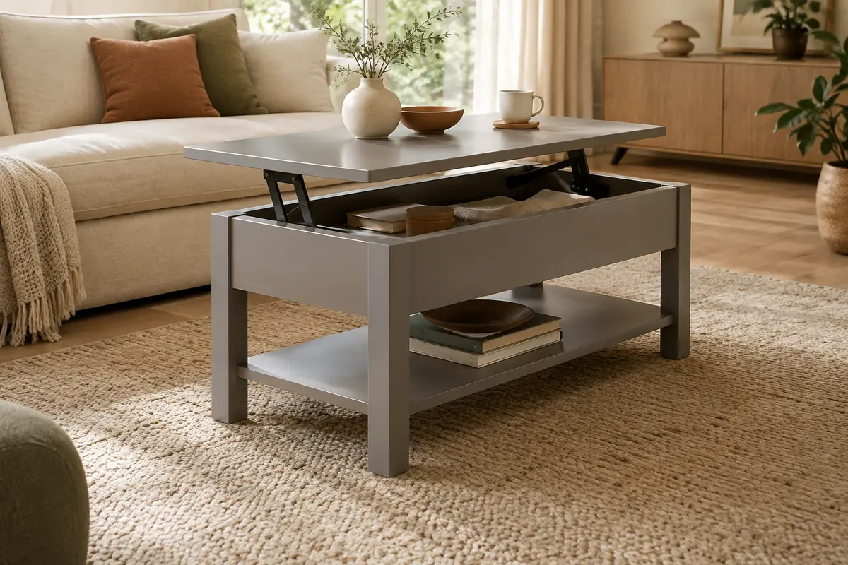 Table basse grise à plateau relevable, avec rangement caché et étagère inférieure dans un salon lumineux.