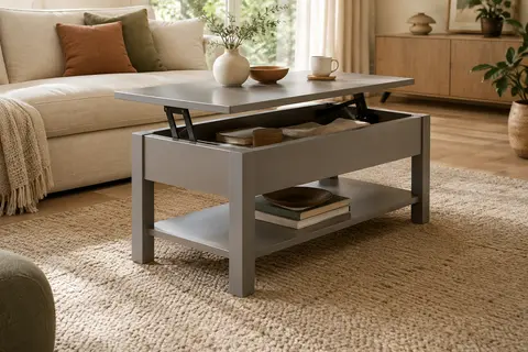 Table basse grise à plateau relevable, avec rangement caché et étagère inférieure dans un salon lumineux.