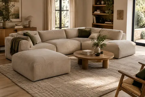 Canapé modulable beige en velours côtelé avec pouf, aménagé en angle dans un salon chaleureux et lumineux