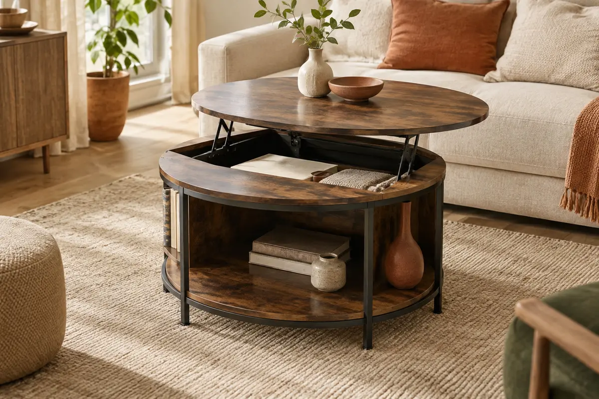 Table basse ronde marron rustique avec plateau relevé, rangement caché et cadre tubulaire en fer