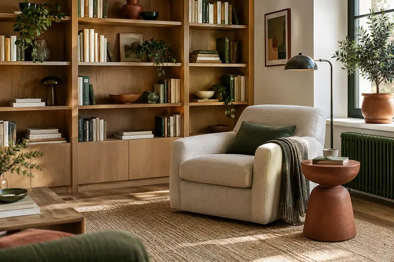 Coin lecture aménagé avec une bibliothèque, un fauteuil en lin et des matières naturelles