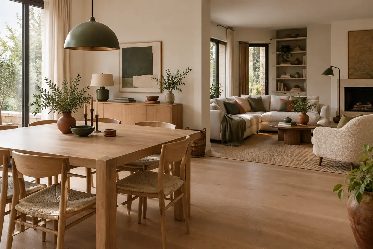 Salle à manger et salon chaleureux, réunis autour de meubles en bois clair et de matières naturelles